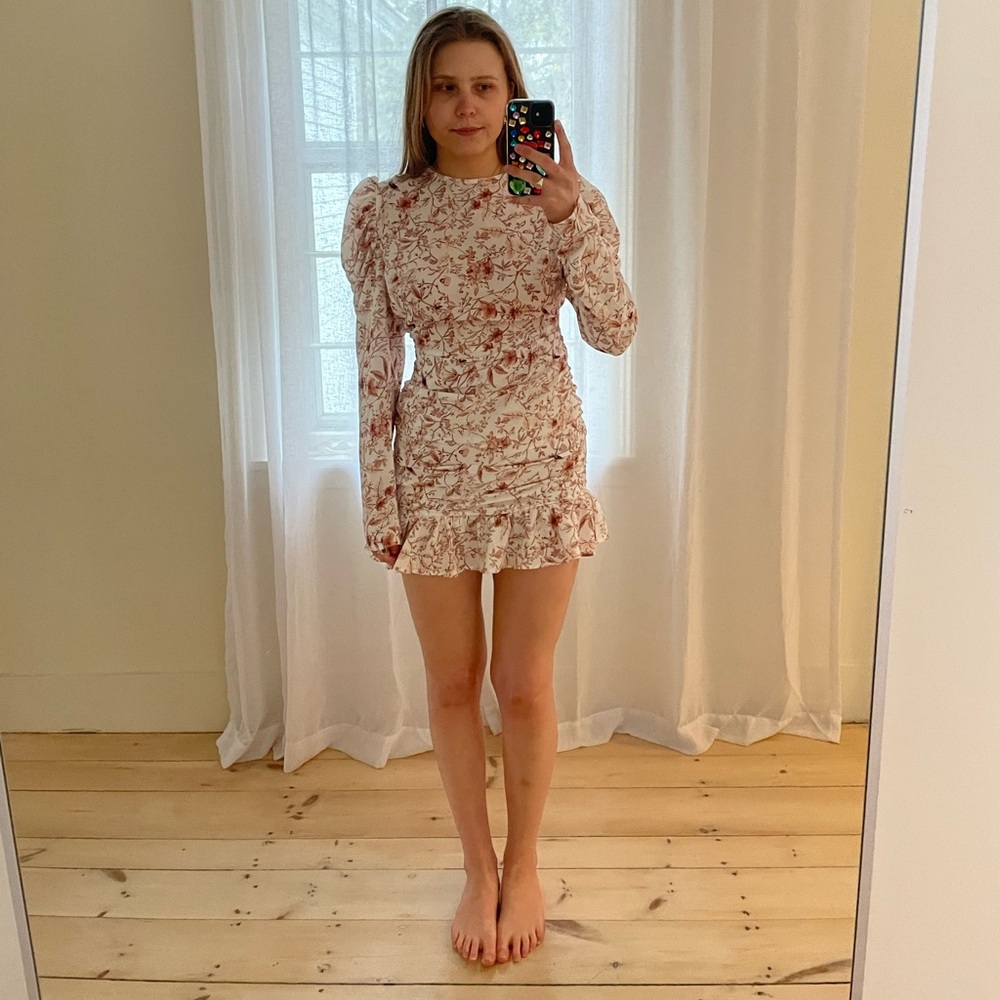BNWT open back long sleeve mini dress with toile-esque print